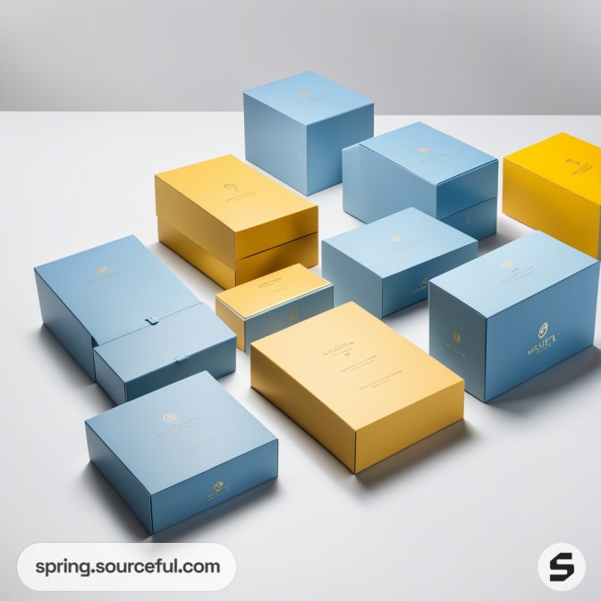Various rigid boxes in blue and yellow on a white surface.