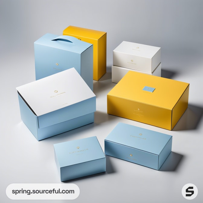 Blue, white, and yellow boxes with a handle on a grey background.
