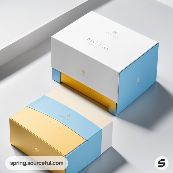 Blue and yellow packaging boxes on a white surface.