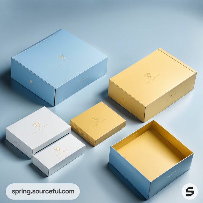 Collection of blue, yellow, and white gift boxes on blue background.