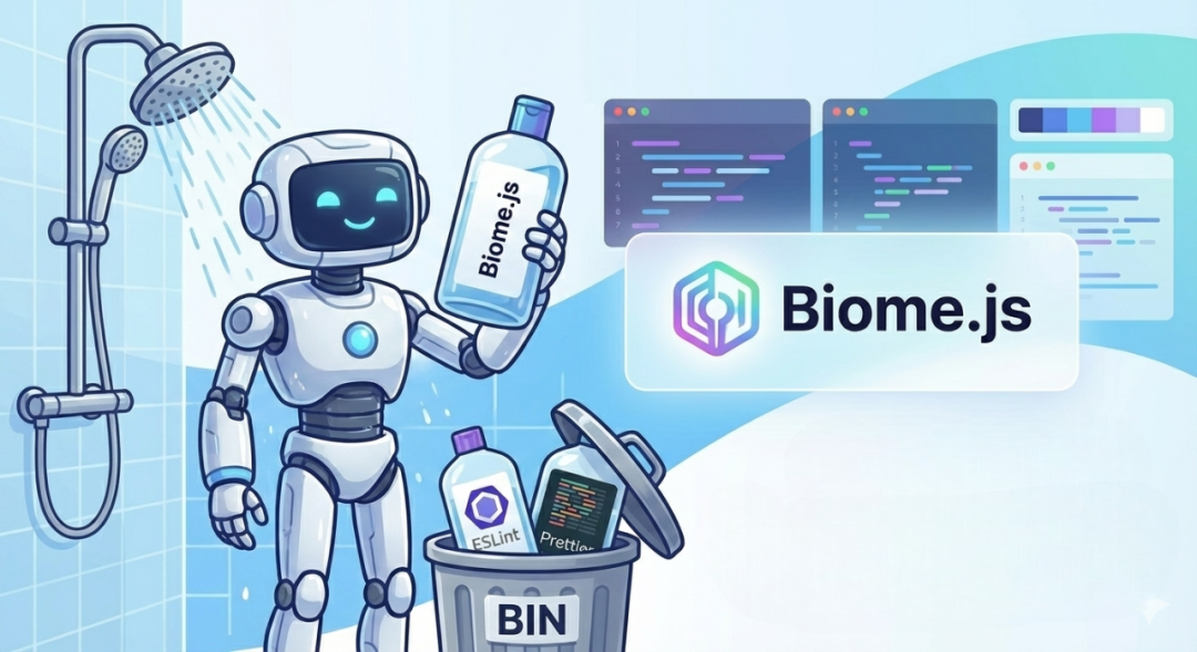 A robot taking shower using Biome.js for hygiene while discarding eslint and prettier
