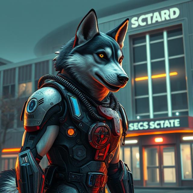 Husky dog guarding a mid-size building