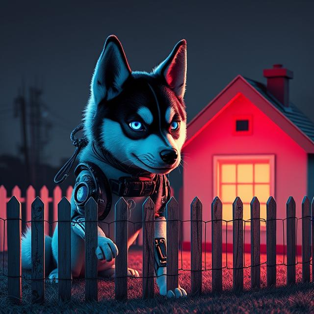 Husky dog guarding a small house