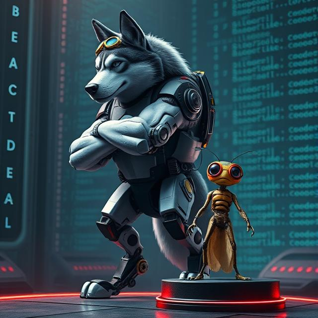 A Husky dog and companion Lint on stage, guarding codebase