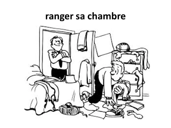 Un dessin qui montre un père indiquant à son fils de ranger sa chambre