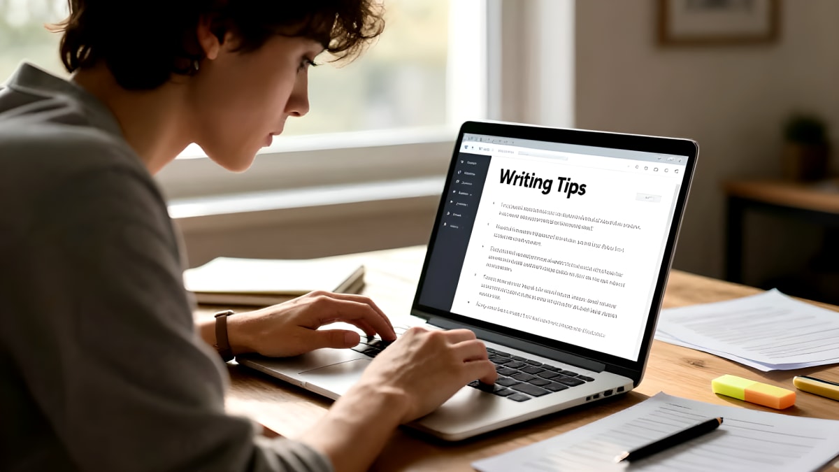 Person typing on a laptop with blog writing tips displayed