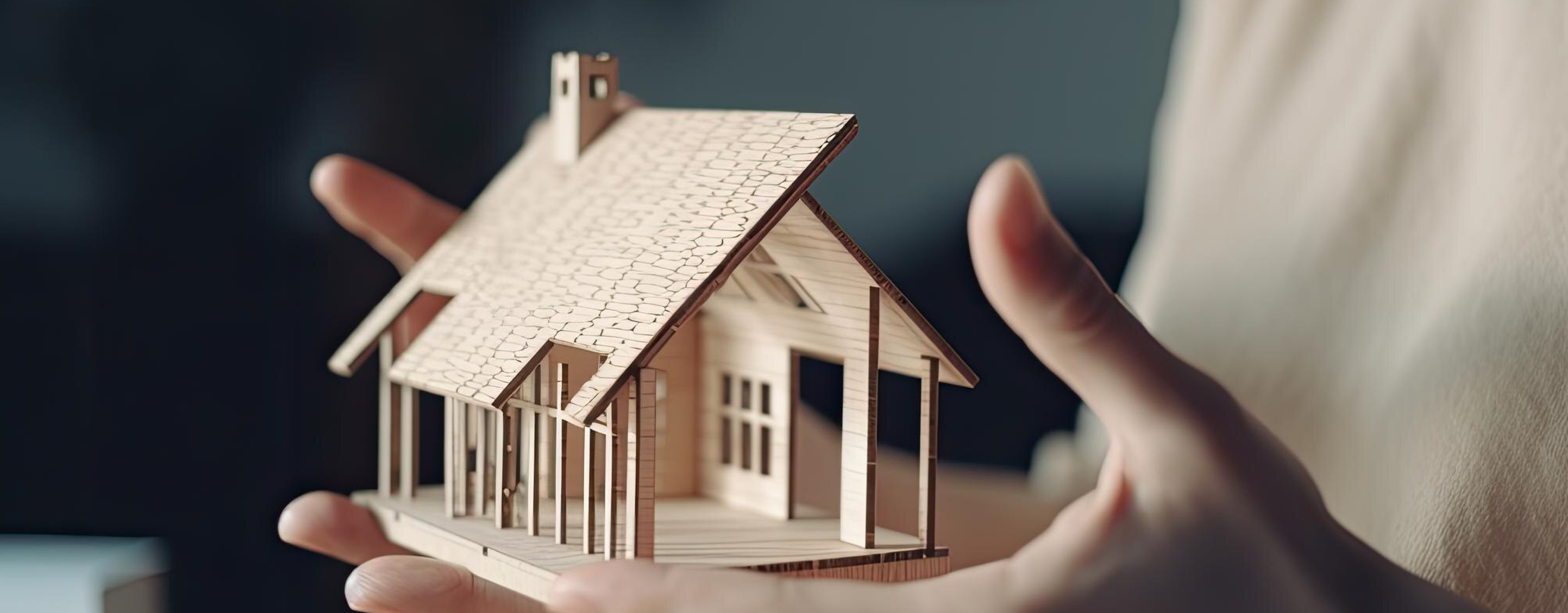 A person holds a small wooden house in their hands.