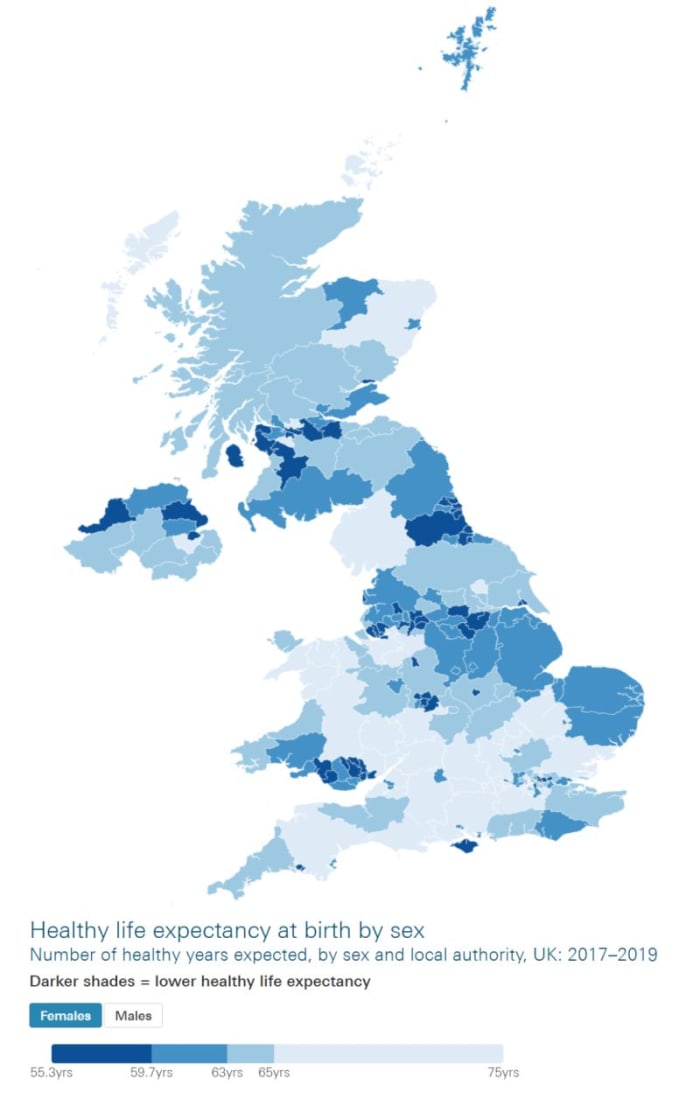 The difference in healthy life between the UK's wealthiest and poorest