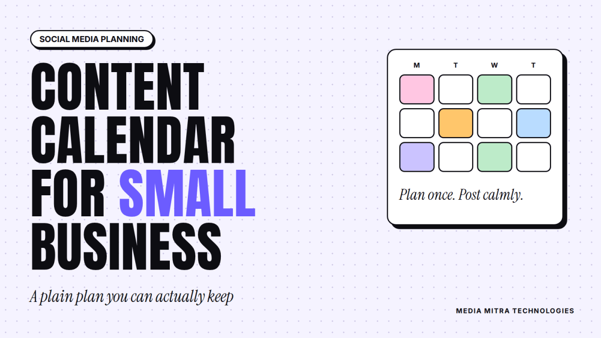 Title card reading Content calendar for small business next to a colourful grid of calendar days