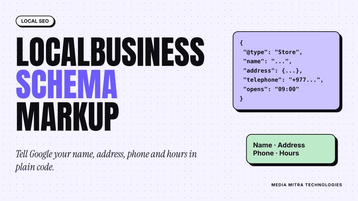 Title card reading LocalBusiness Schema Markup with a sample code block on a lilac card
