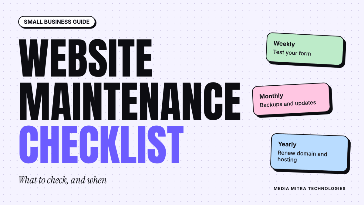 Cover graphic reading Website Maintenance Checklist with weekly, monthly and yearly check cards
