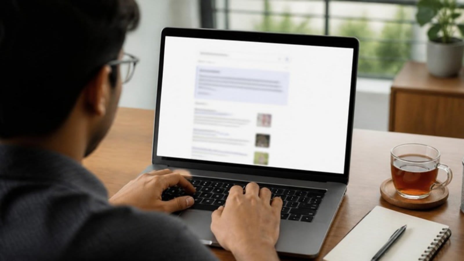 Person reviewing a search results page with an AI summary on a laptop