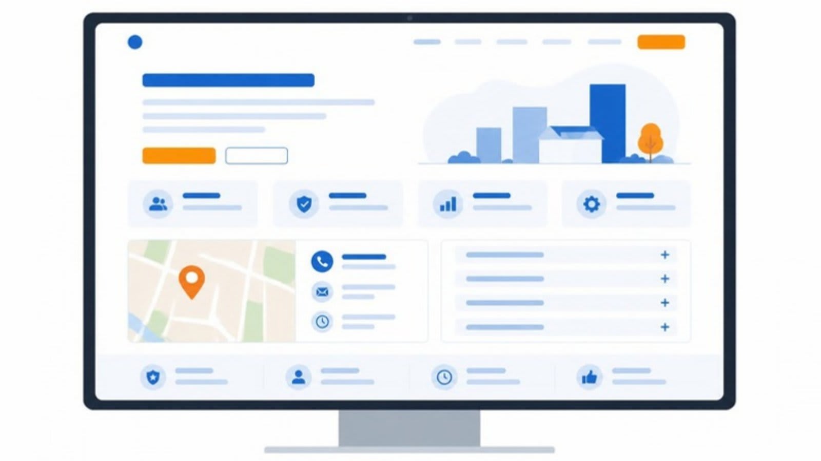 Illustration of a service web page with clear sections, map location, contact details and FAQ