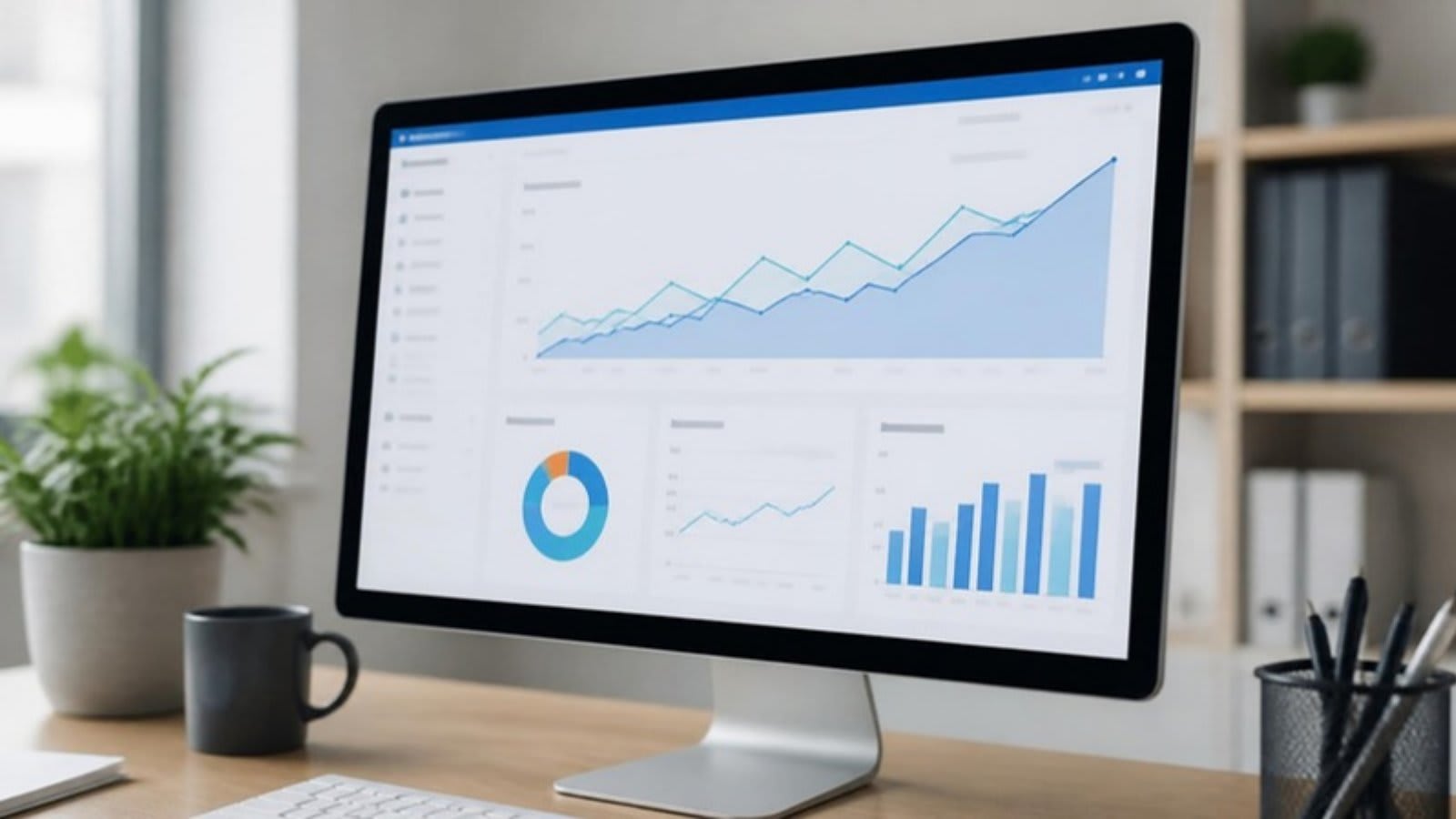 Website analytics dashboard showing traffic trends on a desktop monitor