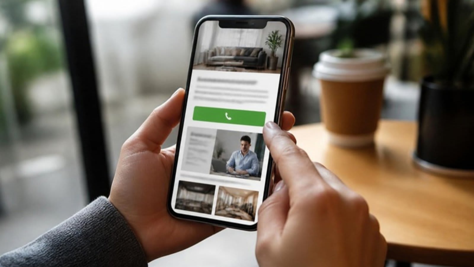 Hands holding a smartphone that shows a simple business landing page with a green call button