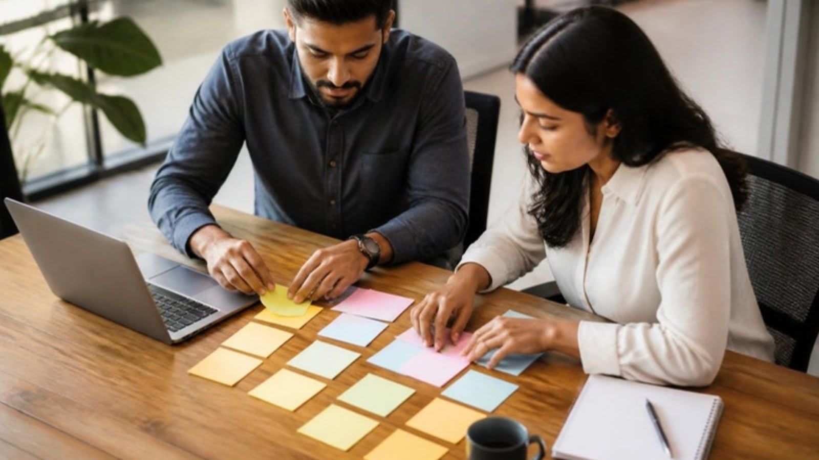 Two marketers sorting coloured sticky notes into groups beside a laptop while planning ad groups