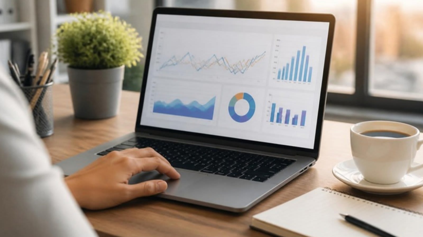 Laptop on a desk showing a campaign analytics dashboard with line and bar charts