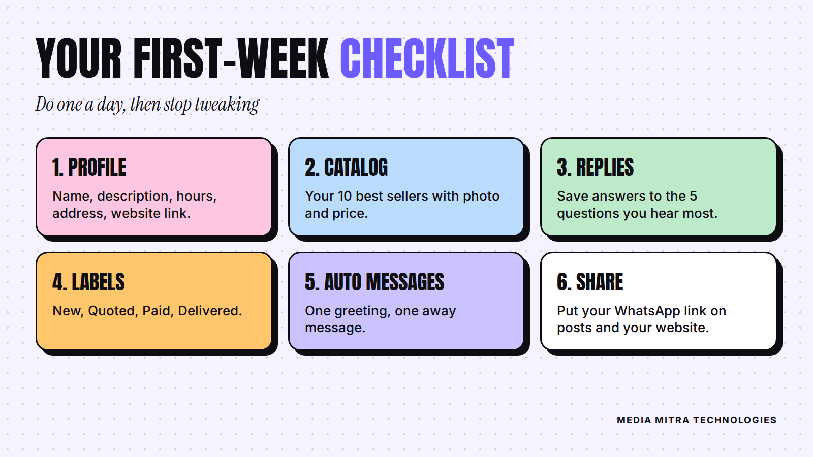Six step first-week WhatsApp Business checklist: profile, catalog, replies, labels, auto messages, share