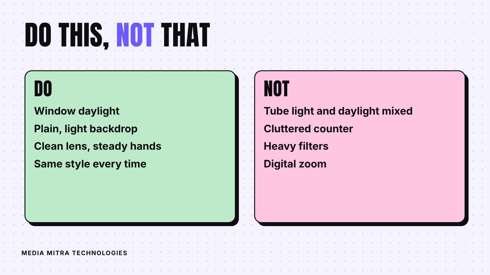 Do this, not that card: use window daylight and a plain backdrop, avoid mixed lighting, clutter, heavy filters and digital zoom