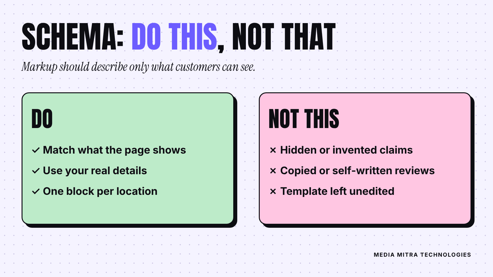 Do and not this card: match what the page shows, use real details, one block per location, versus hidden or invented claims, copied reviews and unedited templates