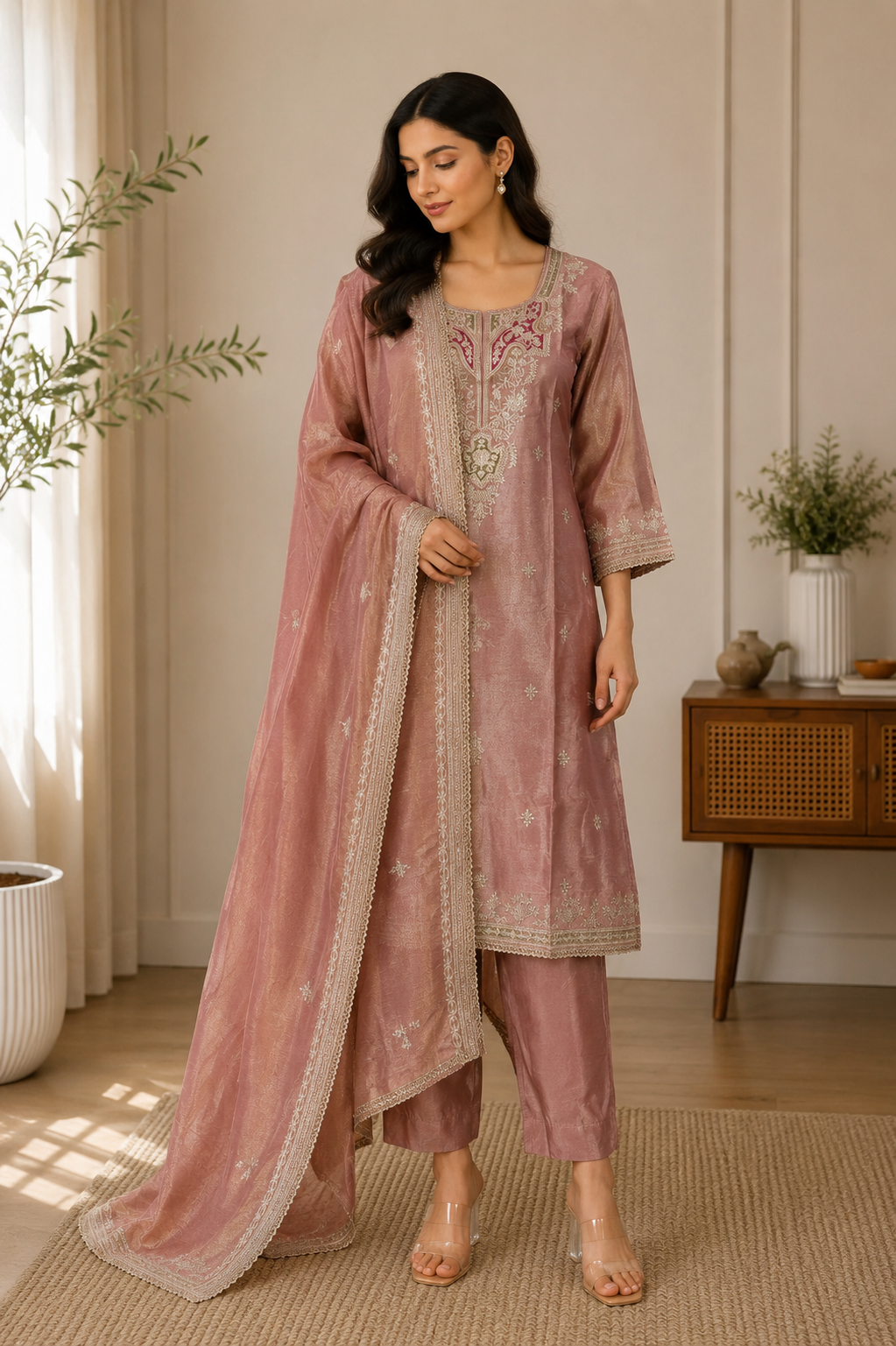 Dusty Rose Embroidered 3-Piece Suit Set