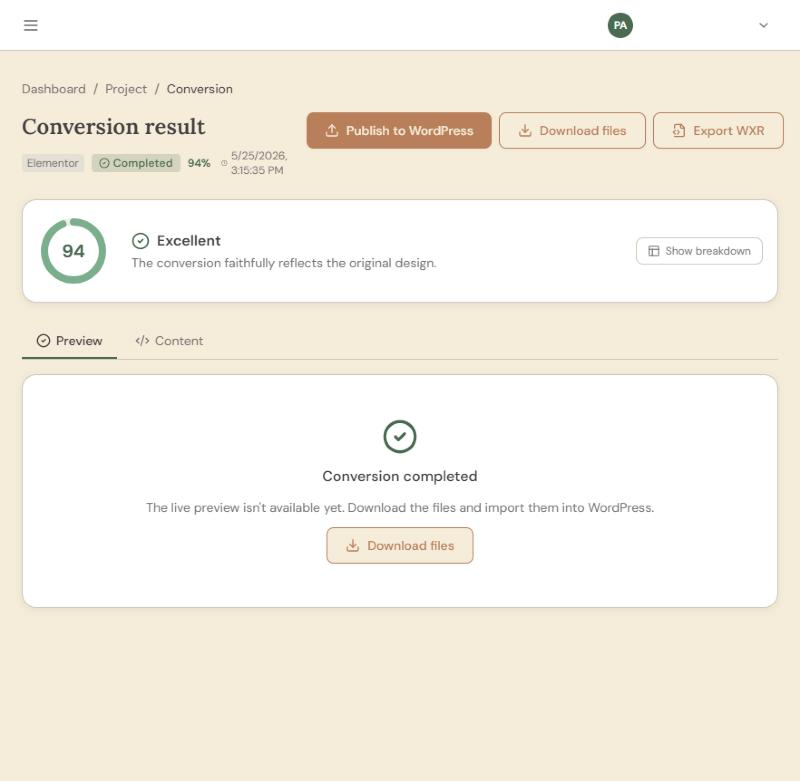 Tapeto conversion result for an Elementor conversion with a Fidelity Score of 94 and the Publish to WordPress, Download files and Export WXR buttons