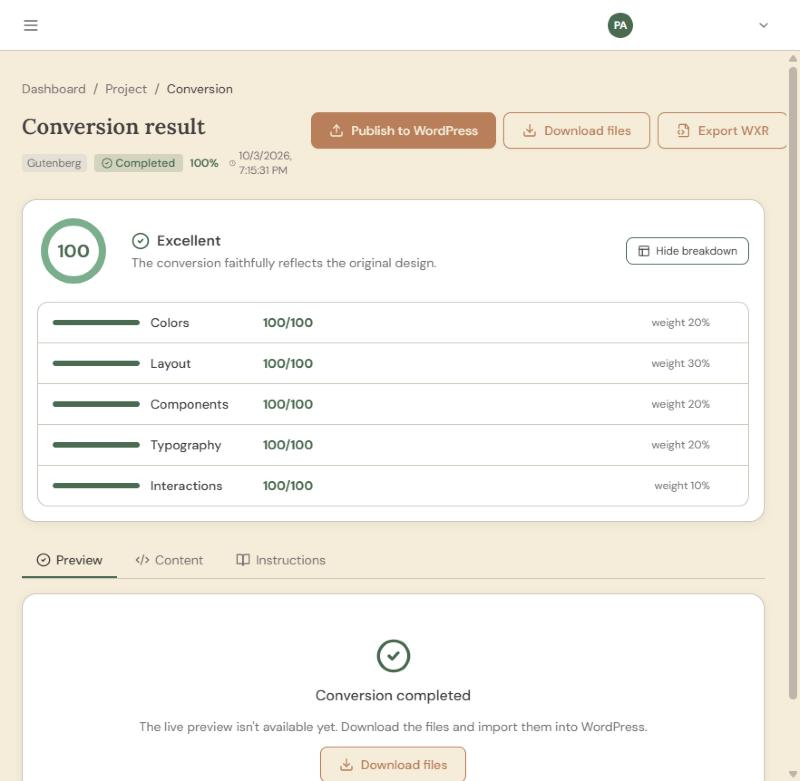 Tapeto conversion result page for a figma to wordpress project showing a Fidelity Score of 100 with its breakdown by colors, layout, components, typography and interactions