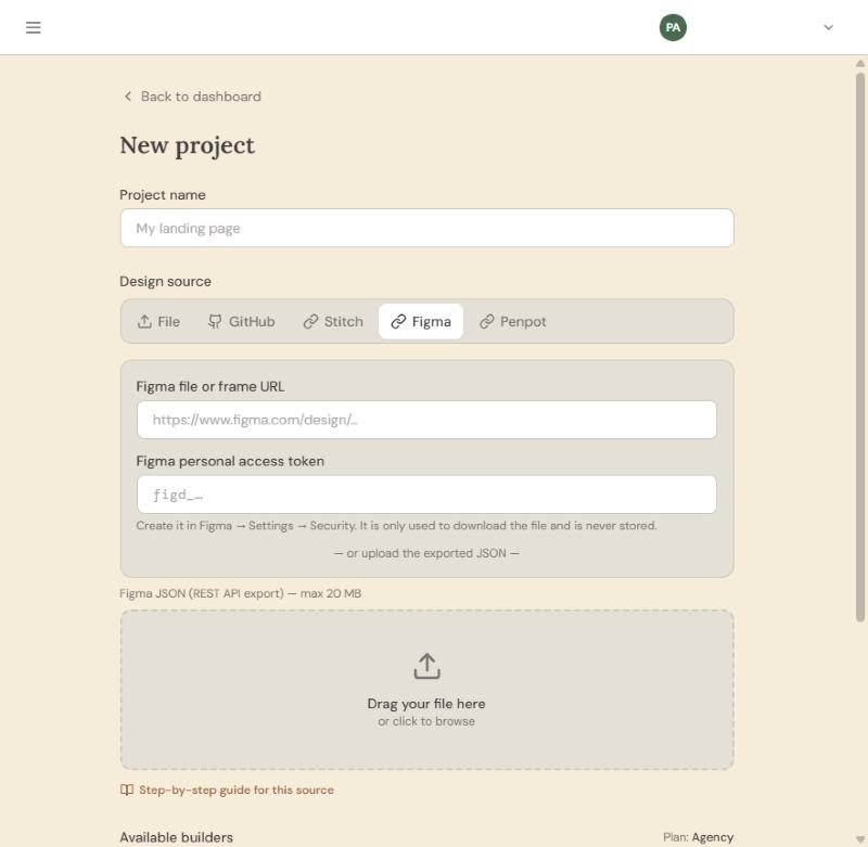 Tapeto new project dialog with the Figma tab open, a file URL field and a personal access token field