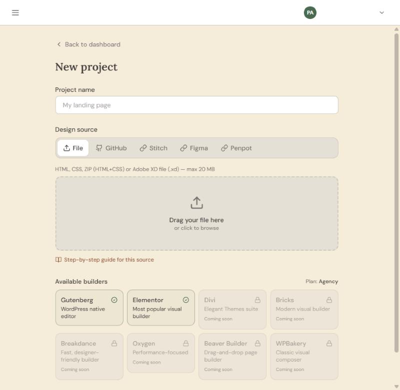 Tapeto new project dialog with the File tab open and a ZIP file ready to upload