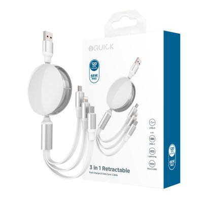 iQuick 3 in 1 Retractable Fast Charge & Data Sync Cable IQTC2301 1.2m-White