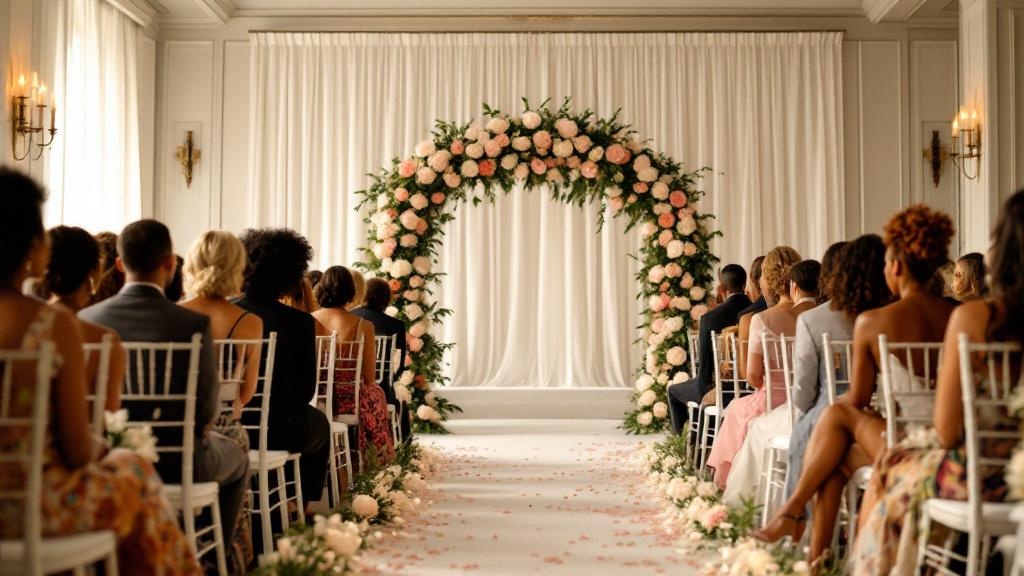 An elegant wedding ceremony setup at The Plaza Hotel, with rows of white chairs and a floral arch, under soft, ambient lighting.
