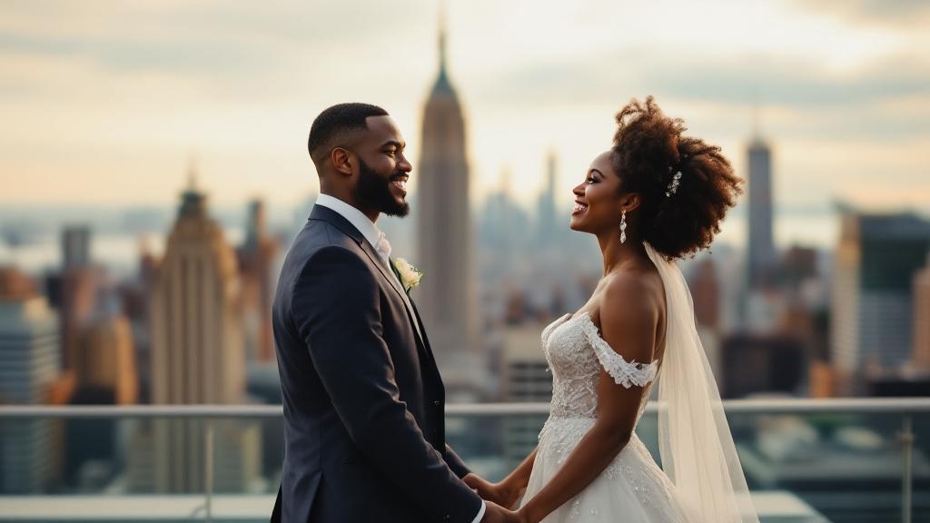 A bride and groom standing on a rooftop with the New York skyline in the background, smiling and holding hands.