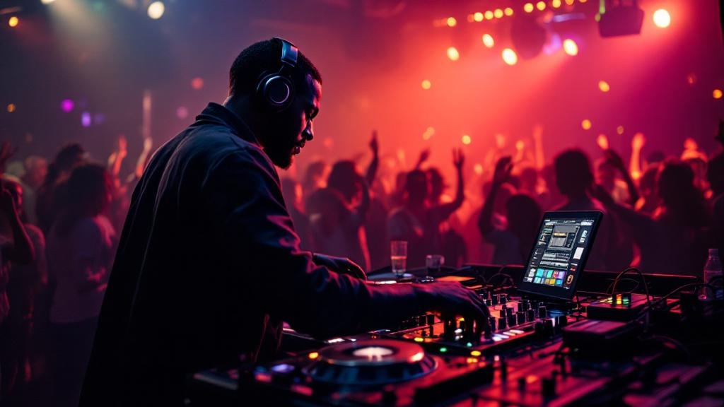 A Black DJ skillfully mixing tracks on a state-of-the-art DJ setup, with a lively crowd dancing in a dimly lit venue.