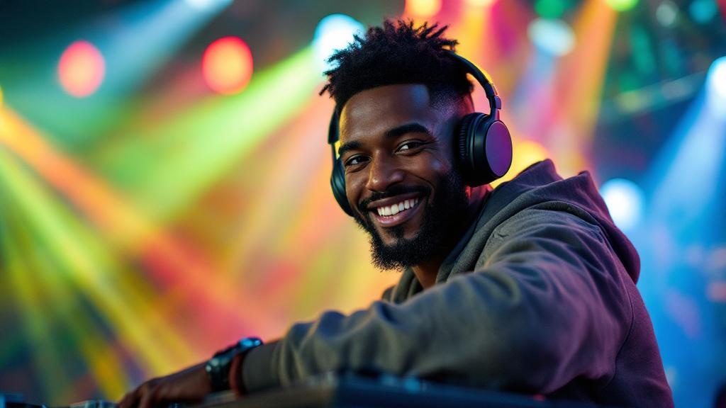 A confident Black DJ wearing headphones, smiling at the camera, with a colorful light show in the background.