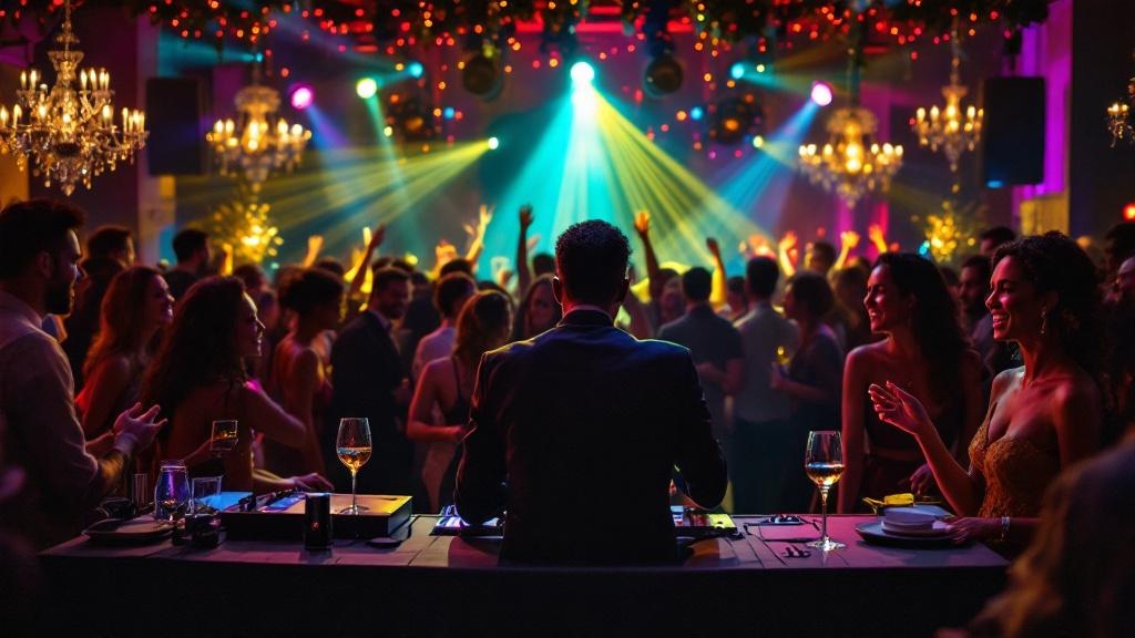 An elegant event setup featuring a Black DJ at the center, with guests laughing and enjoying the music.