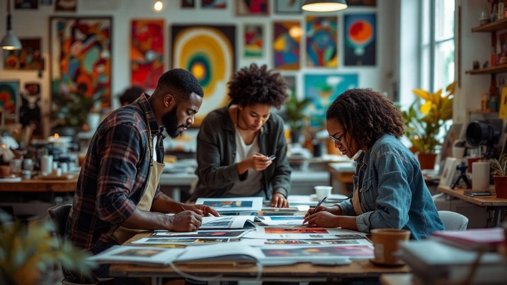 A Black-owned photography studio in New Orleans, with photographers reviewing prints in a creative workspace filled with colorful art.