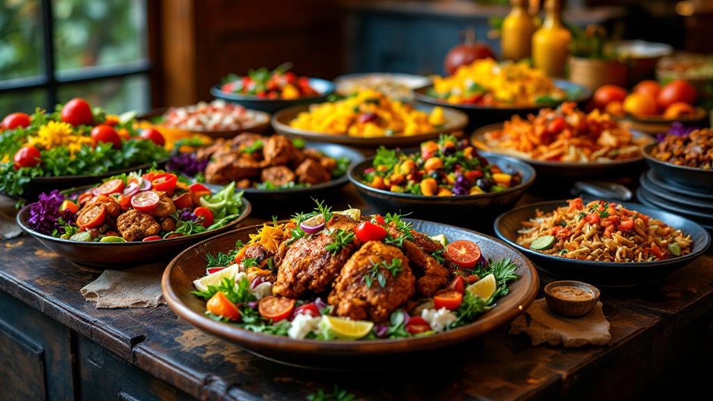 A colorful buffet spread showcasing Afro-Caribbean dishes with vibrant salads and steaming plates of jerk chicken, set in an elegant event space.