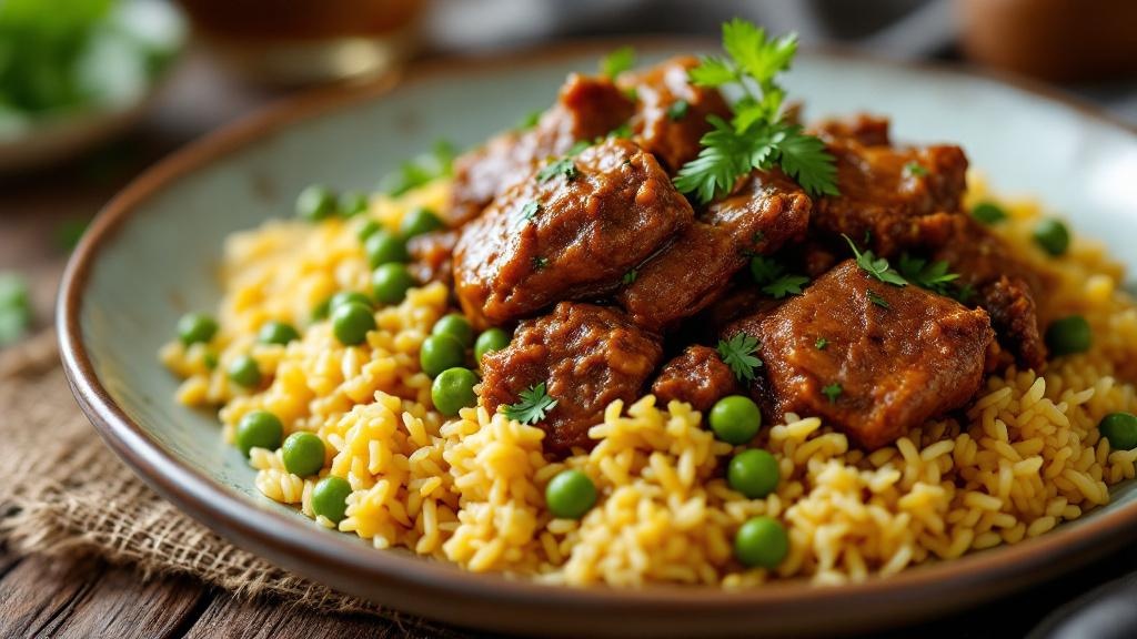 A close-up shot of beautifully plated curried goat with rice and peas, garnished with fresh herbs.