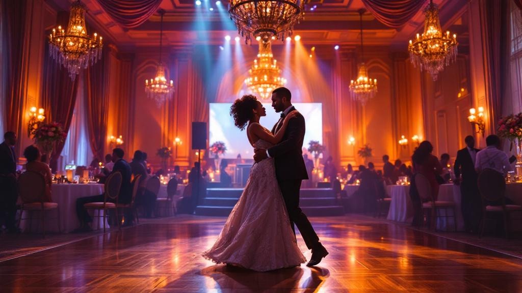 A beautifully decorated ballroom in Atlanta with African American couples dancing, shot on Canon EOS R5, 35mm lens, natural lighting, editorial photography.
