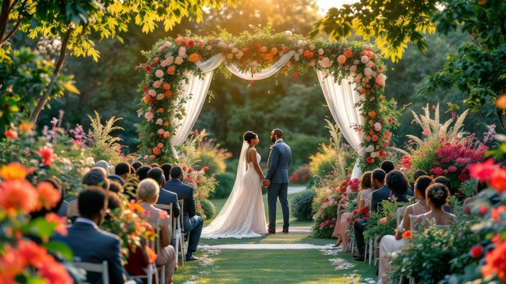 An elegant garden wedding setup in Atlanta with African American guests enjoying the scenery, shot on Canon EOS R5, 35mm lens, natural lighting, editorial photography.