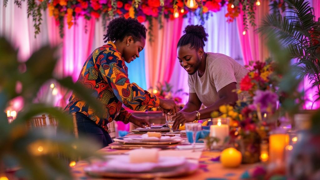 A Black-owned event decorator team, busily setting up a vibrant Afro-centric themed wedding reception in Charlotte, with colorful textiles and traditional motifs.