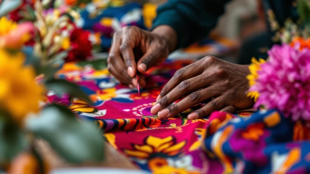 A close-up of a designer's hands, skillfully arranging floral centerpieces with vibrant African fabrics as table runners.