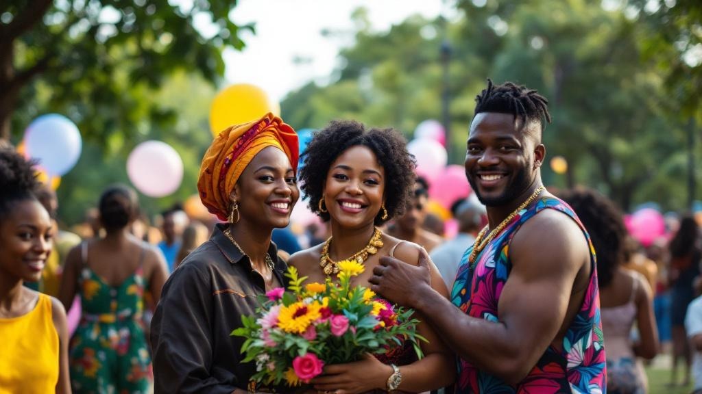 A vibrant community gathering in a Charlotte park, with African American families celebrating Juneteenth with colorful banners and traditional attire.