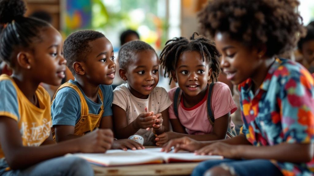 A group of African American children participating in a Juneteenth educational workshop, engaged in a storytelling activity.