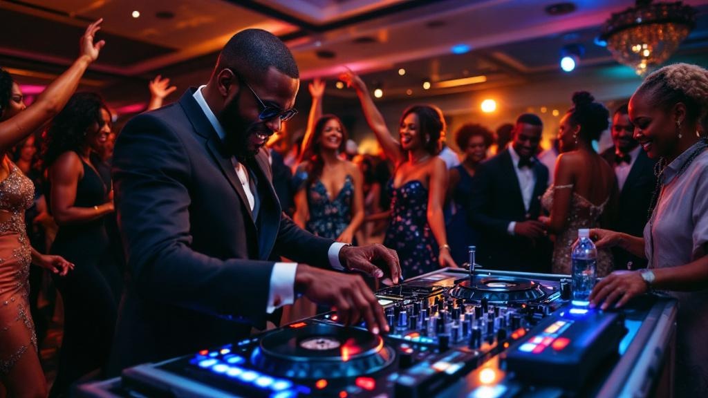 A lively scene of a Black DJ spinning records at a wedding reception in Atlanta, guests dancing joyfully in elegant attire.