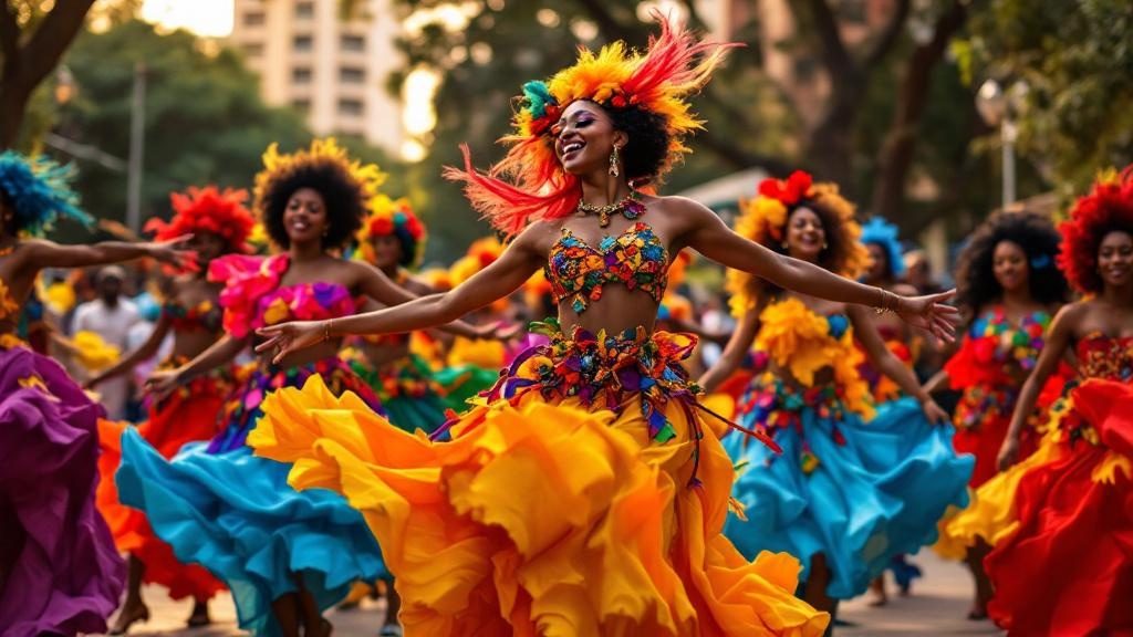 A vibrant Afro-Caribbean dance troupe performing on an outdoor stage in Atlanta, colorful costumes flowing in motion.