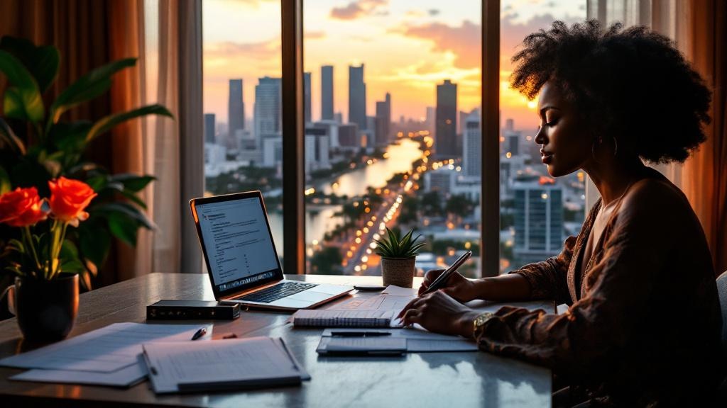 An elegant event planner's workspace with notes, a laptop, and a Miami skyline view