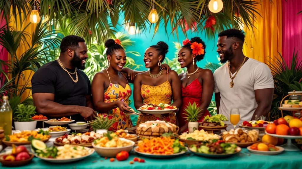 A vibrant Miami catering setup with tropical decor and a diverse spread of dishes
