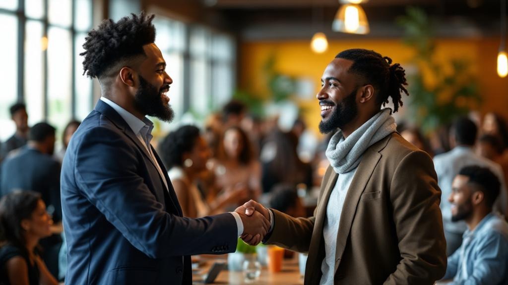 A vibrant networking event in a modern DMV venue, featuring diverse business professionals engaging in conversation, with a focus on a handshake between two African American entrepreneurs.