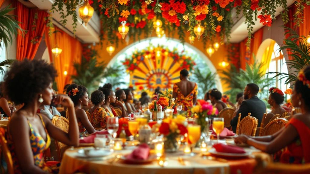 A beautifully decorated wedding venue reflecting African American culture, with vibrant colors, traditional patterns, and elegantly dressed guests enjoying the ambiance.